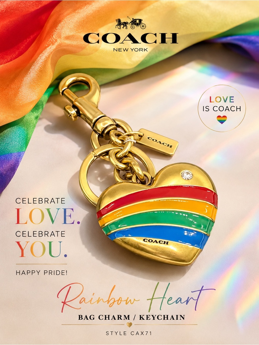 Coach Rainbow Heart Bag Charm Keychain CAX71 Brass Multi NWT Crystal